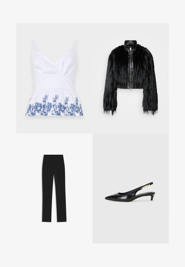 Black cropped jacket combining long faux fur sleeves with a black leather collar and front zipper, featuring a textured, shaggy finish.; White cotton top featuring a v-neck, adjustable straps, and a flared hem adorned with blue floral embroidery along the bottom.; Black tailored trousers with a straight-leg design, featuring front pockets and a smooth, textured fabric. Neat, minimal detailing.; Black leather slingback heels with a pointed toe, featuring a slim heel and a gold-tone accent on the adjustable strap. Smooth texture.