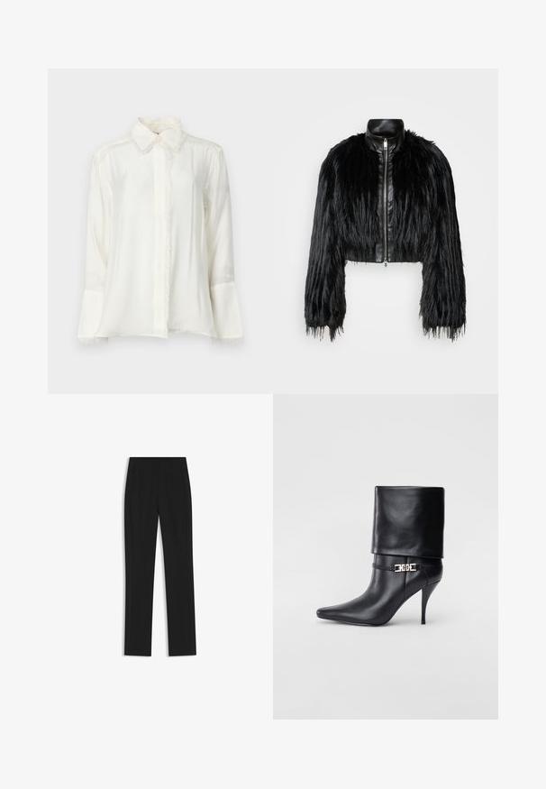 Mustan lyhyen takin yhdistelmä, jossa on pitkät tekoturkishihat, musta nahkakaulus ja etuvetoketju. Takissa on teksturoitu, karhea pinta.; Valkoinen, pitkähihainen paita, joka on valmistettu kevyestä kankaasta. Sisältää klassisen kauluksen, reunassa frilla-yksityiskohtia ja nappikiinnityksen.; Mustat räätälöidyt housut suoran lahkeen designilla, joissa on etutaskut ja sileä, teksturoitu kangas. Siistit, minimalistiset yksityiskohdat.; Musta nahkasaapas nilkkapituudella, teräväkärkinen, korkea stiletto-korko, käännettävä varsi ja kultainen koristeellinen solki nilkassa.