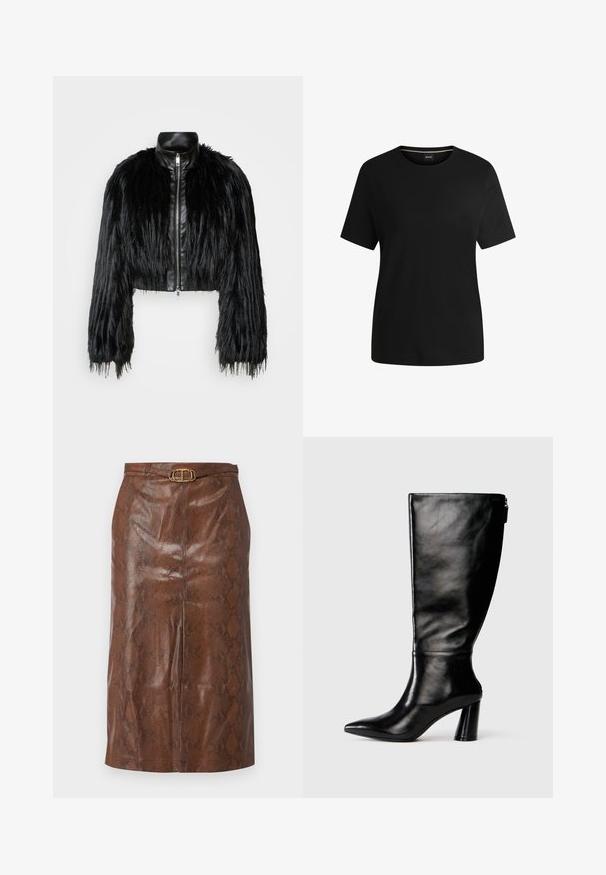 Czarna krótka kurtka z długimi futrzanymi rękawami z sztucznego futra, z czarnym skórzanym kołnierzem i frontowym zamkiem błyskawicznym, charakteryzująca się teksturowanym, kudłatym wykończeniem.; Czarna koszulka z krótkim rękawem, wykonana z miękkiej bawełny, posiadająca okrągły dekolt i gładką fakturę. Prosty design bez wzorów czy akcentów.; Brąskowa spódnica o kroju ołówkowym z ekologicznej skóry z wzorem w węża, z złotym owalnym klamrą i dopasowanym krojem. Gładka tekstura i długość do kolan.; Czarny skórzany but do kolan z ostro zakończonym noskiem, gładką fakturą i grubym obcasem. Posiada zamek z tyłu.