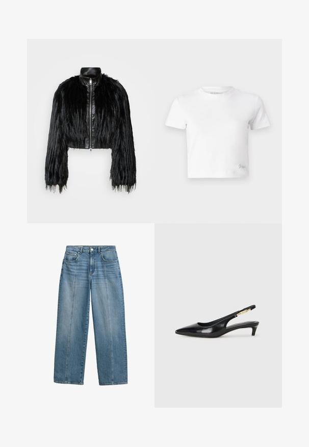 Čierna skrátená bunda kombinujúca dlhé rukávy z umelého kožušiny s čiernym koženým golierom a predným zipsom, so štruktúrovaným, strapcovitým povrchom.; Biely croptop vyrobený z hladkej bavlny, s vysokým výstrihom a krátkymi rukávmi. Malé vyšívané logo v dolnom rohu.; Světle modré džínsy s širokými nohavicami a vysokým pásom. Majú klasický dizajn s piatimi vreckami a prešívané predné panely pre väčší detail.; Čierne kožené slingback opätky s špicatou špičkou, s úzkym opätkom a zlatým detailom na nastaviteľnom remienku. Hladká textúra.