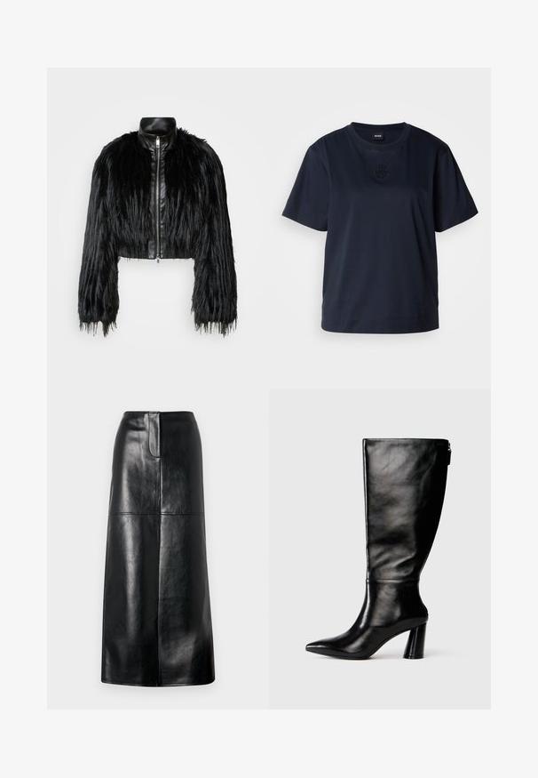 Melnā īsā jaka ar garām mākslīgā kažoka piedurknēm, melnu ādas apkakli un priekšējo rāvējslēdzēju, ar teksturētu, pūkainu apdari.; Tumši zila īsām piedurknēm T-kreklu, kas izgatavots no mīksta kokvilnas. Tam ir apaļa apkakle un diskrēts izšūts logos uz krūšu daļas.; Melnas ādas midi svārki ar gludu tekstūru, taisnu piegriezumu un smalku spīdumu. Iespējama vienkārša josta un bez redzamām detaļām.; Ceļgala augstumā melnas ādas zābaki ar saplacinātu purngalu, gludu tekstūru un masīlu papēdi. Aizmugurē ir rāvējslēdzēja detalizācija.