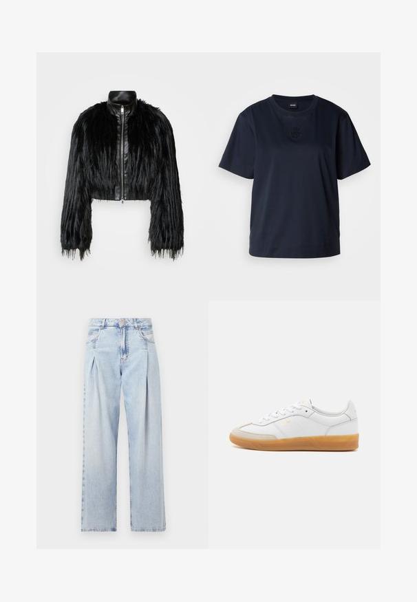 Must ikka, millel on pikad kunstkarvast varrukad, musta nahkdetailiga kaeluse ja ees oleva tõmblukuga, koos struktuurse, karvase viimistlusega.; Tumesinine lühikeste varrukatega T-särk, mis on valmistatud pehmest puuvillast. Omab ümmargust kaelust ja diskreetset tikandiga logo rinna piirkonnas.; Heledad sinise denimist valmistatud teksapüksid kõrge vöökohaga, laia jala lõikega, kahe külje taskuga ja pleedi disainiga. Pehme tekstuur ja pleekinud viimistlus.; Valge nahast tenniseking, millel on beeži luksusliku sameti detailid, kummi kummist tald ja seotud disain. Esitleb diskreetset kuldset brändimist.