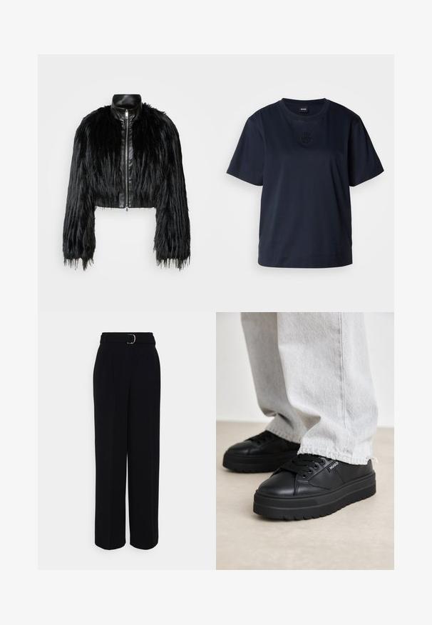 Jachetă scurtă neagră, care combină mânecile lungi din blană sintetică cu un guler din piele neagră și fermoar frontal, având o finisare texturată, zbârcită.; Tricou de culoare bleumarin cu maneca scurtă, realizat din bumbac moale. Previne o gât rotund și are un logo brodat subtil pe piept.; Pantaloni negri, ajustați, cu o siluetă largă, având un brâu cu o cataramă argintie, pliuri și o textură de țesătură netedă.; Adidași din piele neagră cu o talpă groasă, având șireturi rotunde, numele de marcă proeminent "HUGO" pe lateral și o textură netedă.