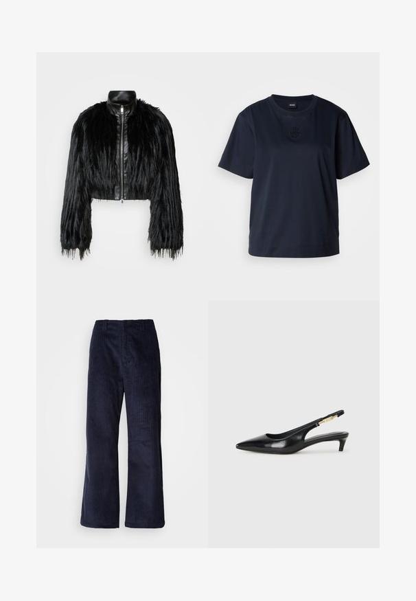 Jacket cropped preta que combina mangas longas de pelo sintético com um colarinho de pele sintética preto e fecho de correr frontal, apresentando um acabamento texturizado e desgrenhado.; T-shirt de manga curta azul marinho feita de algodão macio. Apresenta um decote redondo e um logo bordado discreto no peito.; Calças largas de veludo canelado em tom azul-marinho, com riscas verticais, cintura elástica e sem fechos visíveis. Tecido suave e ajuste descontraído.; Saltos slingback em couro preto com bico fino, apresentando um salto esguio e um detalhe em tom dourado na alça ajustável. Textura suave.