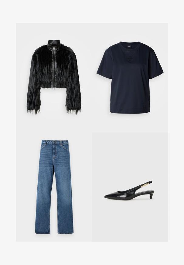 Crna skraćena jakna koja kombinira dugačke rukave od umjetnog krzna s crnim kožnim ovratnikom i prednjim zatvaračem, s teksturiranim, šaggy završetkom.; Tamno plava majica s kratkim rukavima od mekanog pamuka. Ima okrugli izrez i suptilan izvezeni logo na prsima.; Traperice plave boje visokog struka s širokim krojem nogavica, glatke teksture, s minimalnim detaljima šavova i klasičnim stilom s pet džepova.; Crne kožne sandale s petom, s izduženim vrhom, imaju usku petu i zlatni akcent na podesivoj traci. Glatka tekstura.