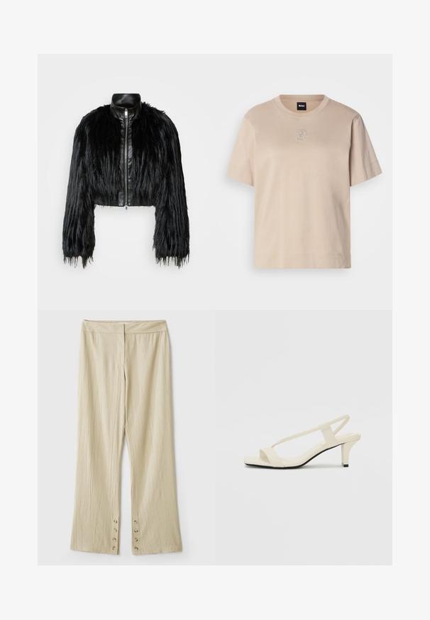 Melnā īsā jaka ar garām mākslīgā kažoka piedurknēm, melnu ādas apkakli un priekšējo rāvējslēdzēju, ar teksturētu, pūkainu apdari.; Beigā krāsa īsām piedurknēm kokvilnas T-kreklam ar apaļu kakla izgriezumu un nelielu izšūtu pārklājošu "B" logotipu centrā uz priekšu.; Bēšas platās bikses ar teksturētu audumu. Iezīmē platu jostasvietu un piecus pogas apakšā aizdarei. Ar krokām.; Beige bloku papēžu sandales ar plānām siksnām un kvadrāta formas purngalu. Gluda materiāla virsma ar minimālām detaļām, paredzētas ērtai nēsāšanai.