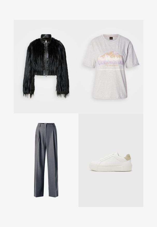 Must ikka, millel on pikad kunstkarvast varrukad, musta nahkdetailiga kaeluse ja ees oleva tõmblukuga, koos struktuurse, karvase viimistlusega.; Heledad hallikas puuvillane T-särk lühikeste varrukatega, millel on mägede graafika ja tekst lilla ja beeži värvusega. Ümar kaelus, mugav lõige.; Halli kohandatud püksid pleatatud ees, laia sääre disainiga ja sileda tekstuuriga, millel on lame vöökoht ja küljetaskud.; Valged tennised sileda nahast peals, heledast hallist nahast kanna detailiga ja paksu valge kummitald. Omab sidumisdisaini.