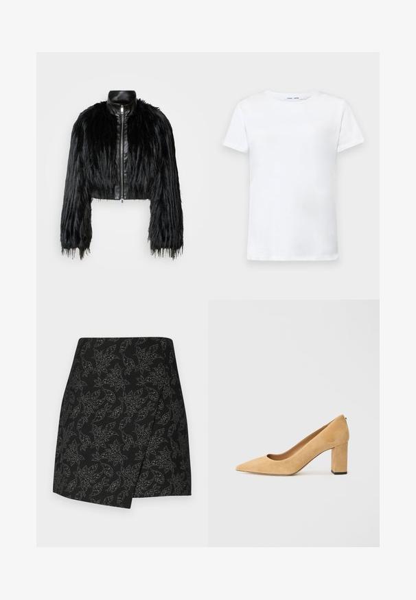 Čierna skrátená bunda kombinujúca dlhé rukávy z umelého kožušiny s čiernym koženým golierom a predným zipsom, so štruktúrovaným, strapcovitým povrchom.; Biela tričko s krátkymi rukávmi vyrobené z bavlny s okrúhlym výstrihom. Hladká textura a rovný strih, bez vzorov alebo akcentov.; Čierna sukňa s prekrývajúcim sa dizajnom, ozdobená listovým vzorom v strieborných odtieňoch. Hladká textúra, asymetrický lem, dĺžka po strednú časť stehna.; Béžové semišové lodičky na vysokom podpätku s špicatou špičkou a robustným blokovým podpätkom. Materiál má jemnú textúru s hladkým povrchom.