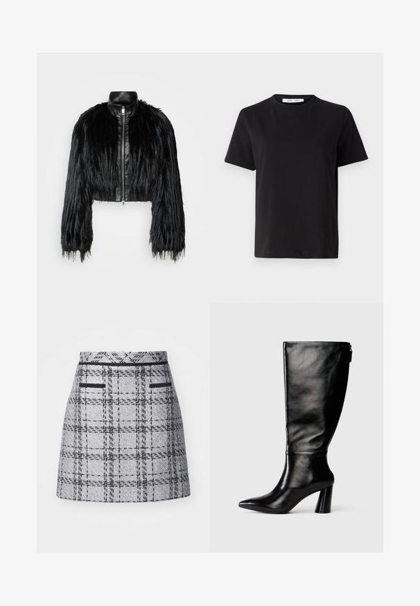 Jachetă scurtă neagră, care combină mânecile lungi din blană sintetică cu un guler din piele neagră și fermoar frontal, având o finisare texturată, zbârcită.; Tricou negru cu manșon scurt, fabricat din bumbac moale, având un guler rotund, o croială lejeră și o textură netedă. Fără modele sau grafice vizibile.; Fustă gri cu carouri, realizată dintr-un material texturat, cu o croială slim și detalii negre. Include două buzunare frontale cu detalii negre.; Cizme negre din piele până la genunchi, cu vârf ascuțit, textură netedă și toc robust. Include un detaliu cu fermoar la spate.