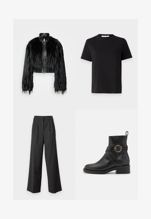 Veste noire courte associant de longues manches en fausse fourrure à un col en cuir noir et une fermeture éclair à l'avant, dotée d'une finition texturée et shaggy.; T-shirt noir à manches courtes en coton doux, avec un col rond, une coupe décontractée et une texture lisse. Pas de motifs ni de graphiques visibles.; Pantalons taille haute, à jambes larges, de couleur gris foncé avec des fines rayures verticales. Dotés d'une coupe ajustée et d'une texture douce. Détail plissé à l'avant.; BOSS IRYNA BOOTIE - Bottines à plateau - black
