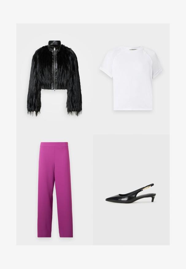 Černá zkrácená bunda kombinující dlouhé rukávy z umělé kožešiny s černým koženým límcem a předním zipem, s texturovaným, chlupatým povrchem.; Bílý bavlněný tričko s kulatým výstřihem, krátkými raglánovými rukávy a volným střihem. Hladká texturka bez viditelných vzorů či akcentů.; Fialové široké kalhoty vyrobené z měkké, elastické tkaniny. Mají vysoký pas a žádné viditelné prvky nebo vzory.; Černé kožené boty na podpatku s otevřenou patou a špičatou špičkou, s tenkým podpatkem a zlatým akcentem na nastavitelném pásku. Hladký povrch.