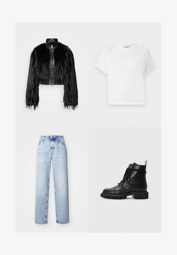 Crna skraćena jakna koja kombinira dugačke rukave od umjetnog krzna s crnim kožnim ovratnikom i prednjim zatvaračem, s teksturiranim, šaggy završetkom.; Bijela pamučna majica s okruglim izrezom, kratkim raglan rukavima i ležernim krojem. Glatka tekstura bez vidljivih uzoraka ili akcenta.; Svijetloplave traperice visokog struka s labavim krojem, ravnih nogavica, pet džepova i klasičnim zatvaranjem na gumbe i patentni zatvarač.; Crne kožne gležnjače s okruglim vrhom, čvrstim gumenim potplatom, vezicama i trakicom za povlačenje; sadrže zlatne rupice za vezice i šivane detalje.