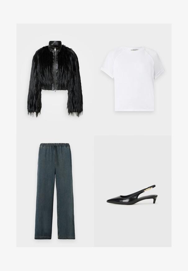 Čierna skrátená bunda kombinujúca dlhé rukávy z umelého kožušiny s čiernym koženým golierom a predným zipsom, so štruktúrovaným, strapcovitým povrchom.; Biele bavlnené tričko s okrúhlym výstrihom, krátkymi raglánovými rukávmi a voľným strihom. Hladká textura bez viditeľných vzorov alebo akcentov.; Tmavomodré džínsové nohavice s elastickým pásom a šnúrkou na stiahnutie. Široký strih s obšitými okrajmi a hladkým, textúrovaným povrchom.; Čierne kožené slingback opätky s špicatou špičkou, s úzkym opätkom a zlatým detailom na nastaviteľnom remienku. Hladká textúra.