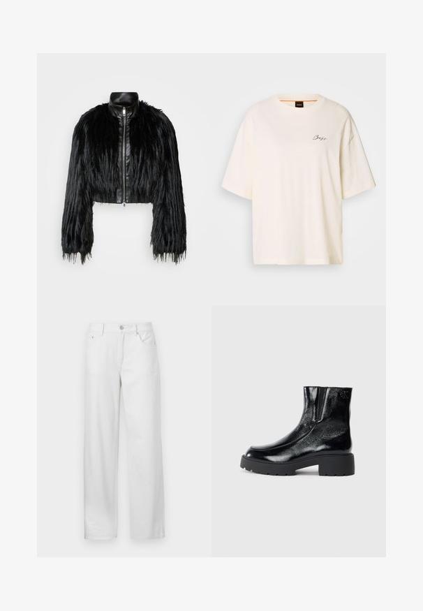 Zwart kort jasje met lange faux fur mouwen en een zwarte leren kraag en ritssluiting aan de voorkant, met een gestructureerde, harige afwerking.; Witte oversized T-shirt van zachte stof, met een ronde hals en korte mouwen, voorzien van een klein zwart "Boss" logo op de voorkant.; Witte denim broek met een losse pasvorm, voorzien van een knoop- en ritssluiting, ceintuurlussen en een traditionele vijf-pocketontwerp.; Zwarte enkellaarsjes met een glanzende lakleren afwerking, chunky zwarte rubberen zool en verhoogde hak; inclusief subtiele logo-detail aan de zijkant.