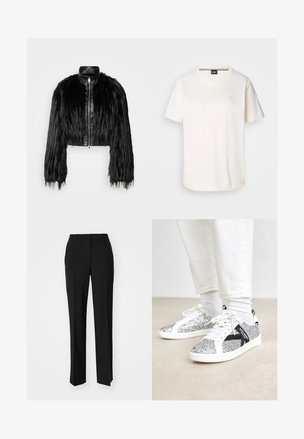 Fekete crop dzseki, amely hosszú műszőrme ujjakkal, fekete bőr gallérral és elöl cipzárral kombinálva, texturált, bolyhos felülettel rendelkezik.; Fehér pamut póló rövid ujjakkal, kerek nyakkivágással és egy kis logóval a mellkason. Simaszerű textúra és egyenes szegély.; Fekete, testhezálló nadrág egyenes szárú kivitelben, sima textúrával és éles redőkkel az elején. Nincs látható fémalkatrész.; Csillogó ezüst sportcipők fehér és fekete mintával. Fehér fűzőkkel és kiemelésekkel rendelkezik, valamint texturált, csillogó felső felülettel.