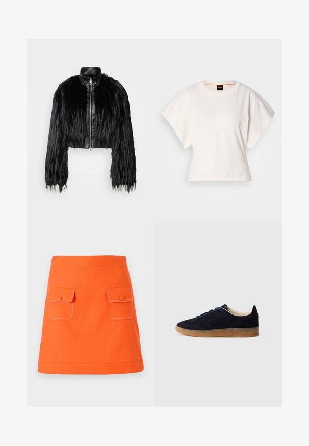 Sort cropped jakke med lange faux fur ærmer, en sort læderkrave og lynlås foran, med en tekstureret, shaggy finish.; Hvid cropped T-shirt, korte brede ærmer, blødt bomuldsstof, rund halsudskæring med diskret orange kant, minimalistisk design uden mønstre eller grafik.; Orange bomuldsnederdel med to frontlommer, knaplukninger og kontrasterende hvid syning. A-line form med en veldefineret talje.; Marineblå ruskindssneaker med gummisål, blå snørebånd og minimalistisk design. Indeholder præget logo på siden og glat inderfor.