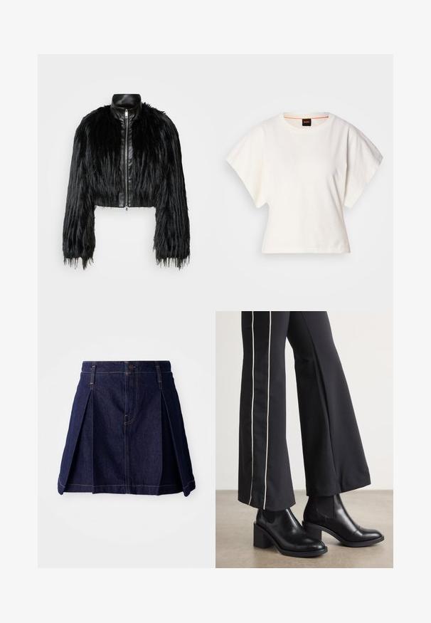 Giacca nera corta che combina maniche lunghe in pelliccia sintetica con un colletto in pelle nera e zip frontale, caratterizzata da una finitura testurizzata e shaggy.; T-shirt bianca cropped, maniche corte e larghe, tessuto di cotone morbido, scollatura rotonda con bordino arancione sottile, design minimale, senza motivi o grafiche.; Gonna in denim scuro con pieghe, chiusura a bottoni e cuciture a contrasto. Design semplice con forma svasata e lunghezza media.; Stivaletti in pelle nera con tacco a blocco, dotati di pannelli elastici sui lati. Abbinati a pantaloni neri con una striscia bianca laterale.