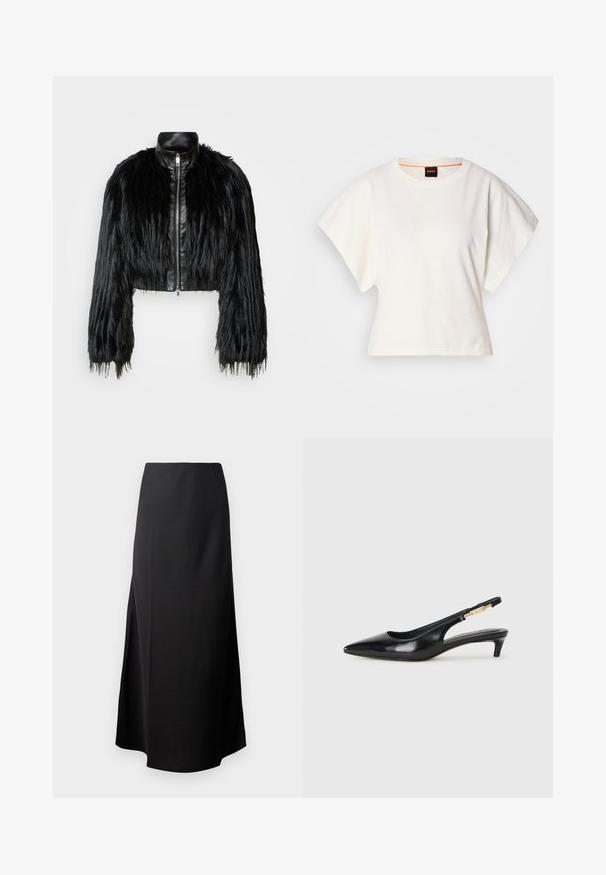 Must ikka, millel on pikad kunstkarvast varrukad, musta nahkdetailiga kaeluse ja ees oleva tõmblukuga, koos struktuurse, karvase viimistlusega.; Valge lühikeste laiadte varrukatega lühike T-särk, pehme puuvillane materjal, ümar kaelus kergelt oranži ääristusega, minimaalne disain, ilma mustrite ja graafikateta.; Must muströöd, millel on sile tekstuur, kõrge vöökoht ja külglahandus, millel on lihtne, ilma kaunistusteta siluett.; Mustad nahast slingback kontsad terava ninaga, millel on õhuke konts ja kuldse tooni aktsent reguleeritaval rihmal. Sile tekstuur.