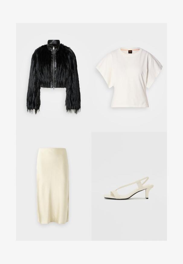 Veste noire courte associant de longues manches en fausse fourrure à un col en cuir noir et une fermeture éclair à l'avant, dotée d'une finition texturée et shaggy.; T-shirt blanc cintré, manches courtes et larges, en coton doux, décolleté rond avec une discrète bordure orange, design minimaliste, sans motifs ni graphiques.; Jupe midi en satin jaune pâle avec une texture lisse, présentant une fente latérale et un design à coupe droite. Silhouette simple et élégante.; Sandales beiges à talons carrés avec des fines brides et un bout carré. Matière lisse avec des détails minimaux, conçues pour un port facile.