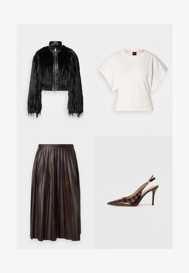 Melnā īsā jaka ar garām mākslīgā kažoka piedurknēm, melnu ādas apkakli un priekšējo rāvējslēdzēju, ar teksturētu, pūkainu apdari.; Balts īsais T-krekls, plašas īsas piedurknes, mīksts kokvilnas materiāls, apaļa kakla izgriezums ar delikātu oranžu apdari, minimāls dizains, bez rakstiem vai grafikām.; Brūns plisēts midi svārks, izgatavots no ādas, ar jostu un plūstošu siluetu, kurā visā audumā ir vertikāli krokas.; Brūna, krokodila rakstā iemontēta ādas slingback apavi ar smailu purngalu, atvērtām sāniem un plānu augstu papēdi. Izstrādāti ar sprādzes regulāciju.