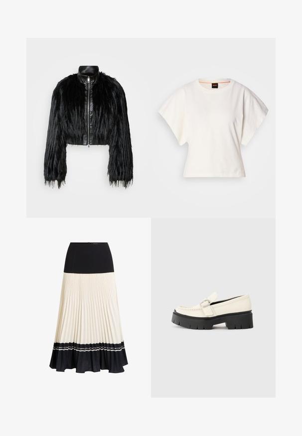 Jacket cropped preta que combina mangas longas de pelo sintético com um colarinho de pele sintética preto e fecho de correr frontal, apresentando um acabamento texturizado e desgrenhado.; T-shirt branco cropped, mangas curtas e largas, material de algodão suave, decote redondo com um discreto acabamento laranja, design minimalista, sem padrões ou gráficos.; Saia midi plissada com a parte superior preta, pregas em creme e uma bainha preta com volantes e faixa com logotipo. Fecho com zíper na parte de trás.; Mocassim de couro branco com sola plataforma preta robusta, apresentando uma fivela retangular prateada e detalhes de costura visíveis na parte superior.