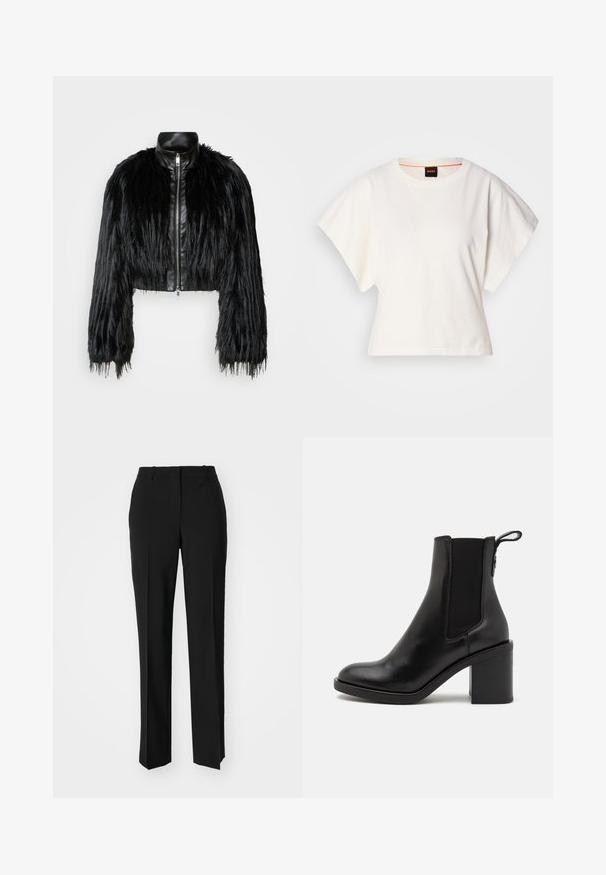 Crna skraćena jakna koja kombinira dugačke rukave od umjetnog krzna s crnim kožnim ovratnikom i prednjim zatvaračem, s teksturiranim, šaggy završetkom.; Bijeli skraćeni T-shirt, široke kratke rukave, mekani pamučni materijal, okrugli izrez s suptilnim narančastim detaljem, minimalistički dizajn, bez uzoraka ili grafika.; Crne krojene hlače ravnog kroja, s glatkom teksturom i oštrim pregibima naprijed. Bez vidljivih metalnih dijelova.; BOSS CAMY - Gležnjače s visokom petom - black