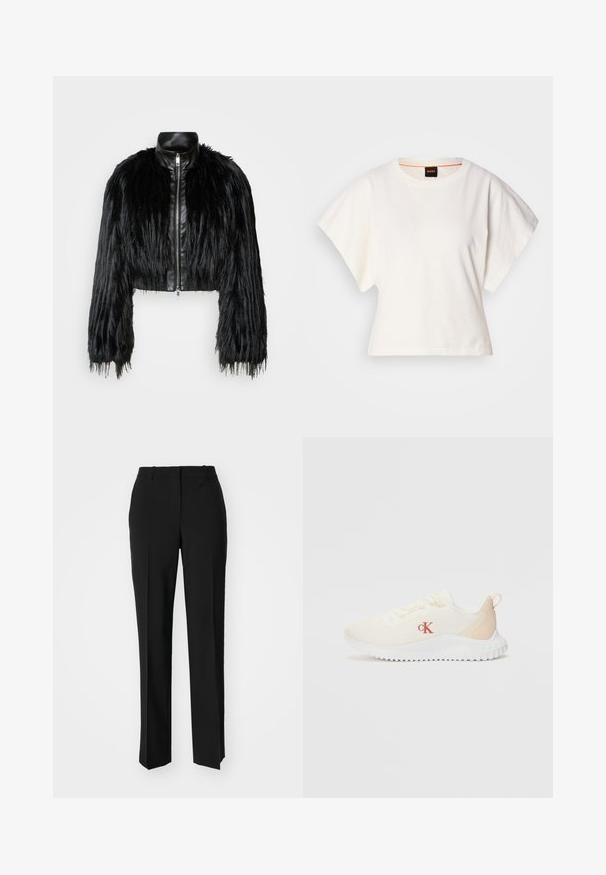 Chaqueta negra corta que combina mangas largas de piel sintética con un collar de cuero negro y cremallera frontal, con un acabado texturizado y despeinado.; Camiseta blanca recortada, con mangas cortas y anchas, material de algodón suave, cuello redondo con un sutil ribete naranja, diseño minimalista, sin patrones ni gráficos.; Pantalones negros ajustados con un diseño de pierna recta, que presentan una textura suave y pliegues nítidos en el frente. Sin herrajes visibles.; Zapatillas de malla blancas con una superficie texturizada, acentos en beige claro, una suela blanca elevada y un logo rojo "CK" en el costado.