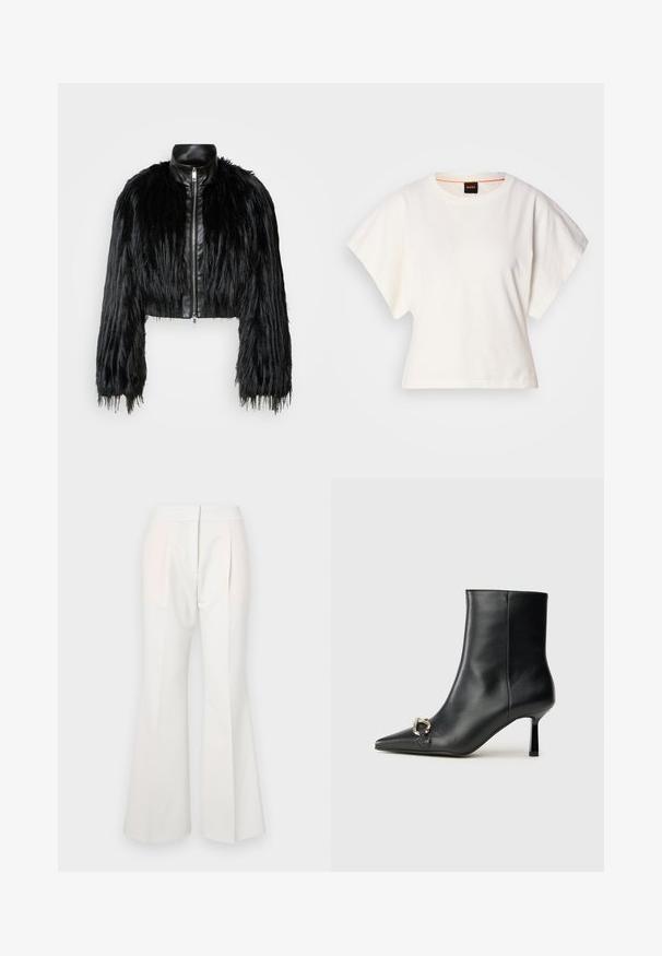 Jacket cropped preta que combina mangas longas de pelo sintético com um colarinho de pele sintética preto e fecho de correr frontal, apresentando um acabamento texturizado e desgrenhado.; T-shirt branco cropped, mangas curtas e largas, material de algodão suave, decote redondo com um discreto acabamento laranja, design minimalista, sem padrões ou gráficos.; Calças brancas de boca de sino com uma textura suave, apresentando pregas na parte da frente e painéis de tecido em tom mais claro que contrastam de forma subtil.; Bota preta de couro até ao tornozelo com bico apontado, salto slim de altura média e detalhe em fivela prateada de lado, contra um fundo simples.