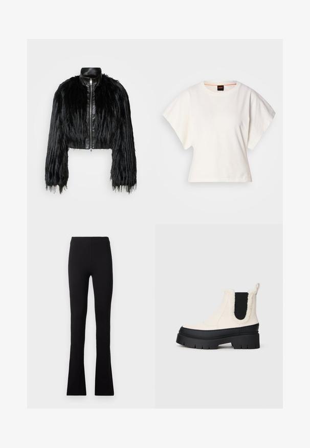 Fekete crop dzseki, amely hosszú műszőrme ujjakkal, fekete bőr gallérral és elöl cipzárral kombinálva, texturált, bolyhos felülettel rendelkezik.; Fehér, rövid, bő ujjú, crop szabású póló, puha pamut anyagból, kerek nyakkivágással, finom narancssárga díszítéssel, minimalista dizájn, minta vagy grafika nélkül.; Fekete leggings sima, rugalmas anyagból. Magas derékrésszel és bővülő alsó résszel rendelkezik, amely jól illeszkedő sziluettet biztosít.; Söprű platform bokacsizma fehér felsőrésszel, fekete gumi talppal és kontrasztos fekete elasztikus oldalszíjakkal. Műszőrme díszítés a felső szélen.
