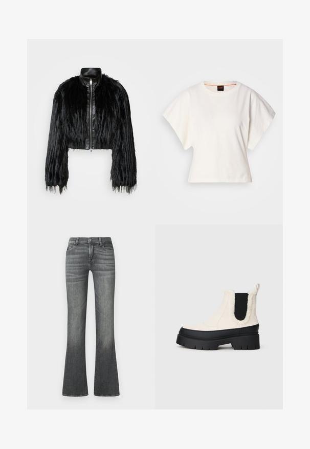 Veste noire courte associant de longues manches en fausse fourrure à un col en cuir noir et une fermeture éclair à l'avant, dotée d'une finition texturée et shaggy.; T-shirt blanc cintré, manches courtes et larges, en coton doux, décolleté rond avec une discrète bordure orange, design minimaliste, sans motifs ni graphiques.; Jean gris évasé en denim, avec une taille mi-haute, un léger délavage et un design classique à cinq poches.; Bottes chelsea à plateforme épaisse avec une tige blanche, semelle en caoutchouc noire et panneaux élastiques latéraux contrastants noirs. Bord en faux fourrure au sommet.
