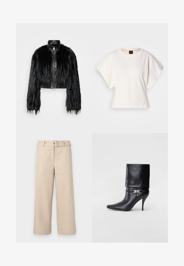 Čierna skrátená bunda kombinujúca dlhé rukávy z umelého kožušiny s čiernym koženým golierom a predným zipsom, so štruktúrovaným, strapcovitým povrchom.; Biely skrátený tričko, krátke široké rukávy, mäkký bavlnený materiál, okrúhly výstrih s jemným oranžovým lemovaním, minimalistický dizajn, bez vzorov alebo grafiky.; Béžové nohavice s širokými nohavicami vyrobené z hladkej tkaniny. Majú opasok v páse a dve bočné vrecká. Čisté švy a dokončený lem.; Čierna kožená členková topánka s špicatou špičkou, vysokým ihlovým podpätkom, prehnutým manžetom a zlatým dekoratívnym sponou na členku.