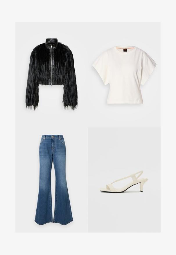Veste noire courte associant de longues manches en fausse fourrure à un col en cuir noir et une fermeture éclair à l'avant, dotée d'une finition texturée et shaggy.; T-shirt blanc cintré, manches courtes et larges, en coton doux, décolleté rond avec une discrète bordure orange, design minimaliste, sans motifs ni graphiques.; Jean évasé bleu en denim classique, taille haute, avec un dégradé subtil et une ouverture large à la cheville, sans ornements visibles.; Sandales beiges à talons carrés avec des fines brides et un bout carré. Matière lisse avec des détails minimaux, conçues pour un port facile.
