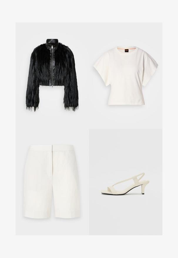 Veste noire courte associant de longues manches en fausse fourrure à un col en cuir noir et une fermeture éclair à l'avant, dotée d'une finition texturée et shaggy.; T-shirt blanc cintré, manches courtes et larges, en coton doux, décolleté rond avec une discrète bordure orange, design minimaliste, sans motifs ni graphiques.; Shorts en coton blancs avec une coupe droite, un devant plat et une texture subtile. Ils présentent une taille et pas de poches visibles. Design simple.; Sandales beiges à talons carrés avec des fines brides et un bout carré. Matière lisse avec des détails minimaux, conçues pour un port facile.