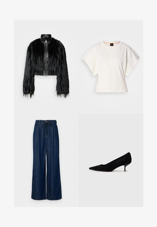 Jachetă scurtă neagră, care combină mânecile lungi din blană sintetică cu un guler din piele neagră și fermoar frontal, având o finisare texturată, zbârcită.; Tricou alb scurt, cu mâneci scurte și largi, din bumbac moale, cu decolteu rotund și un finisaj subtil portocaliu, design minimalist, fără modele sau grafice.; Jeans largi de un albastru închis, cu o croială confortabilă, talie cu șnur și un design plisat. Realizați din denim cu o textură netedă, cu cusături clasice.; Pantofii cu toc înalt din suede negru, cu vârf ascuțit și un toc subțire, jos. Textură netedă, cu un design elegant, fără hardware vizibil.