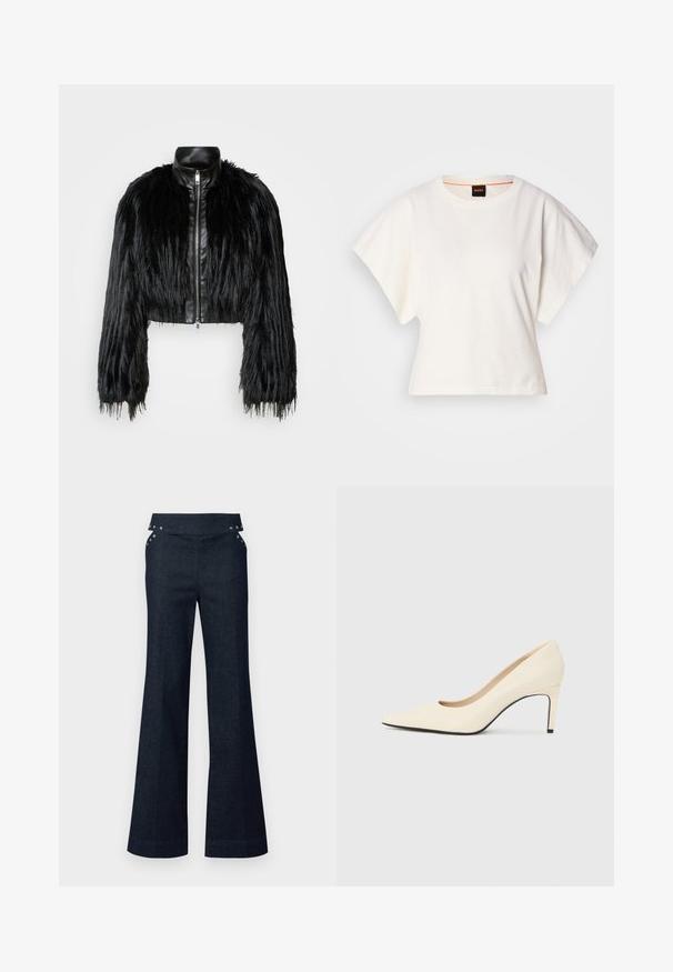 Crna skraćena jakna koja kombinira dugačke rukave od umjetnog krzna s crnim kožnim ovratnikom i prednjim zatvaračem, s teksturiranim, šaggy završetkom.; Bijeli skraćeni T-shirt, široke kratke rukave, mekani pamučni materijal, okrugli izrez s suptilnim narančastim detaljem, minimalistički dizajn, bez uzoraka ili grafika.; Tamne tamnoje u tamno plavoj boji, široke nogavice s visokim strukom, s bočnim džepovima i metalnim zakovicama na pojasu.; Bijele visoke potpetice od kože s oštrom nožnom kapom, glatkom teksturom i crnim naglaskom na potplatu. Klasični dizajn s umjerenom visinom pete.