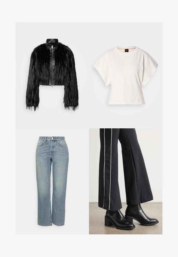 Jacket cropped preta que combina mangas longas de pelo sintético com um colarinho de pele sintética preto e fecho de correr frontal, apresentando um acabamento texturizado e desgrenhado.; T-shirt branco cropped, mangas curtas e largas, material de algodão suave, decote redondo com um discreto acabamento laranja, design minimalista, sem padrões ou gráficos.; Jeans de ganga azul claro com corte reto, cintura alta, fecho frontal por botão e design clássico de cinco bolsas. Textura suave com acabamento desbotado.; Botas de tornozelo em couro preto com um salto bloco, apresentando painéis laterais elásticos. Combinadas com calças pretas que têm uma faixa lateral branca.