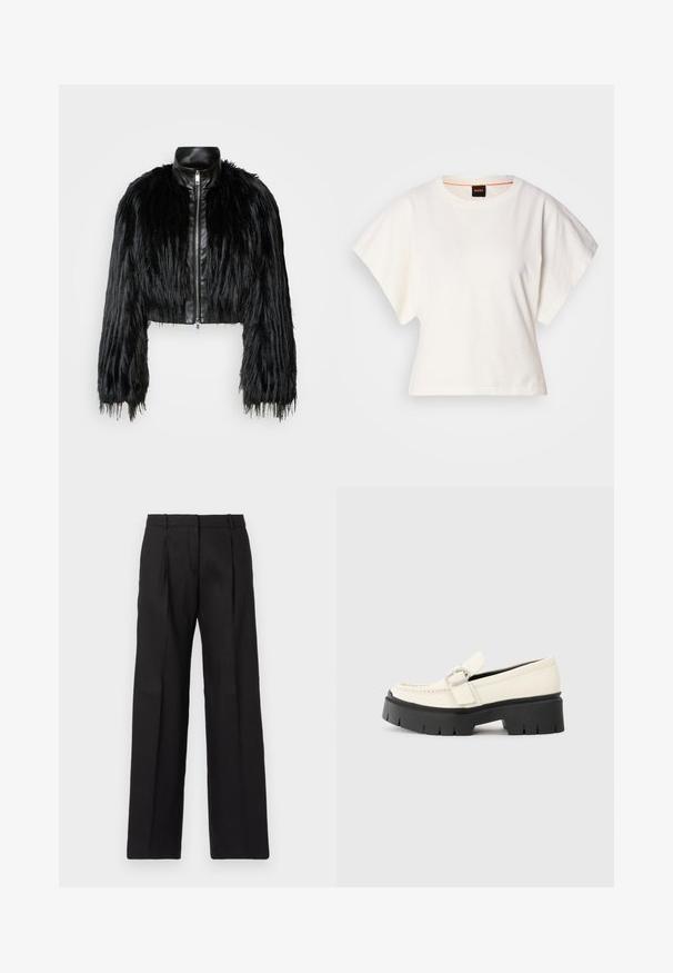 Črn skrajšan jopič, ki združuje dolge rokave iz umetnega krzna s črnim usnjenim ovratnikom in sprednjim zadrgo, z dokaj teksturiranim, kosmatim zaključkom.; Bela skrajšana majica s kratkimi širokimi rokavi, mehka bombažna tkanina, okrogla ovratnica z diskretnim oranžnim robom, minimalističen dizajn, brez vzorcev ali grafike.; Črne krojene hlače s pravim krojem, ki imajo ostre plisirane detajle in gladko teksturo. Narejene so iz lahkega materiala.; Bela usnjena loafer čevlja z debelim črnim podplatom, ki ima pravokotno srebrno zaponko in vidne šive na zgornjem delu.
