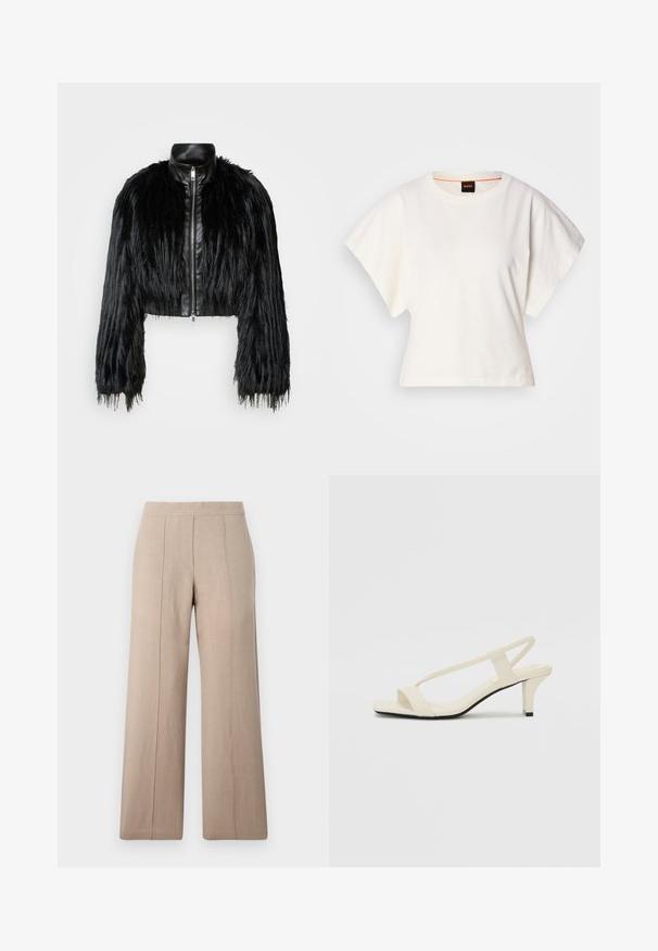 Črn skrajšan jopič, ki združuje dolge rokave iz umetnega krzna s črnim usnjenim ovratnikom in sprednjim zadrgo, z dokaj teksturiranim, kosmatim zaključkom.; Bela skrajšana majica s kratkimi širokimi rokavi, mehka bombažna tkanina, okrogla ovratnica z diskretnim oranžnim robom, minimalističen dizajn, brez vzorcev ali grafike.; Bež hlače širokega kroja iz lahkega blaga, z sprednjimi gubami, gladkim pasom in ravnim krojem z čistimi robovi.; Bež sandale z blok peto, tankimi trakovi in kvadratnim prstom. Gladek material z minimalnim okrasjem, zasnovan za enostavno nošenje.