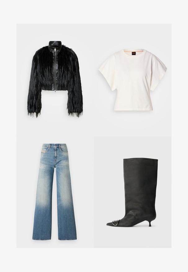 Schwarze, kurz geschnittene Jacke mit langen, gefälschten Pelzärmeln, einem schwarzen Lederkragen und einem Reißverschluss vorne, die eine strukturierte, fusselige Oberfläche hat.; Weißes, kurzes T-Shirt, kurze weite Ärmel, weicher Baumwollstoff, runder Ausschnitt mit subtilen orangefarbenen Akzenten, minimales Design, keine Muster oder Grafiken.; Hellblaue Jeans im weiten Schnitt aus Denim mit einem verblassten Farbverlauf, mit ausgewaschenen Details in der Nähe der Taschen und einem klassischen Fünf-Taschen-Design.; Schwarze Leder-Ankle Boots mit spitzem Zehenbereich, kleinem Absatz und metallischen Akzenten an der Spitze. Sanfte, matte Textur im gesamten Schuh.