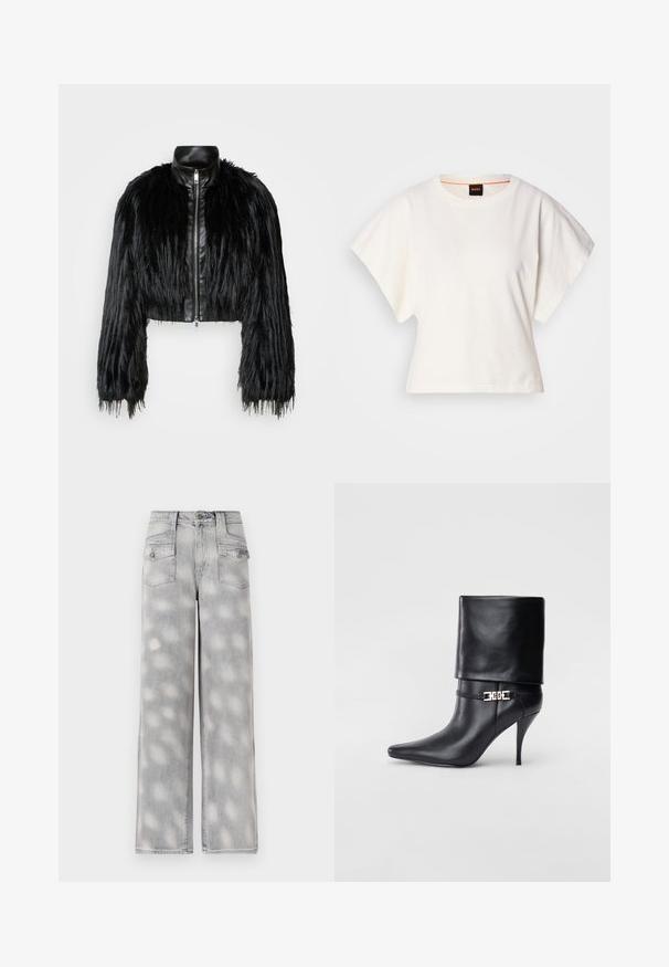 Melnā īsā jaka ar garām mākslīgā kažoka piedurknēm, melnu ādas apkakli un priekšējo rāvējslēdzēju, ar teksturētu, pūkainu apdari.; Balts īsais T-krekls, plašas īsas piedurknes, mīksts kokvilnas materiāls, apaļa kakla izgriezums ar delikātu oranžu apdari, minimāls dizains, bez rakstiem vai grafikām.; Gai pelēki džinsi ar platām kājām, augsta jostasvieta, četri kabatas un nodiluma raksts, kas nodrošina brīvu piegriezumu.; Melnas ādas potīšu zābaki ar smailu purngalu, augstu stiletto papēdi, salocītu aproci un zeltītu dekoratīvu sprādzi uz potītes.
