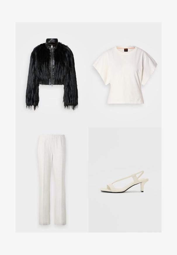 Črn skrajšan jopič, ki združuje dolge rokave iz umetnega krzna s črnim usnjenim ovratnikom in sprednjim zadrgo, z dokaj teksturiranim, kosmatim zaključkom.; Bela skrajšana majica s kratkimi širokimi rokavi, mehka bombažna tkanina, okrogla ovratnica z diskretnim oranžnim robom, minimalističen dizajn, brez vzorcev ali grafike.; Svetlo obarvane hlače ravnega kroja z gladko teksturo, ki imajo sprednje naborke in čist dizajn pasu.; Bež sandale z blok peto, tankimi trakovi in kvadratnim prstom. Gladek material z minimalnim okrasjem, zasnovan za enostavno nošenje.
