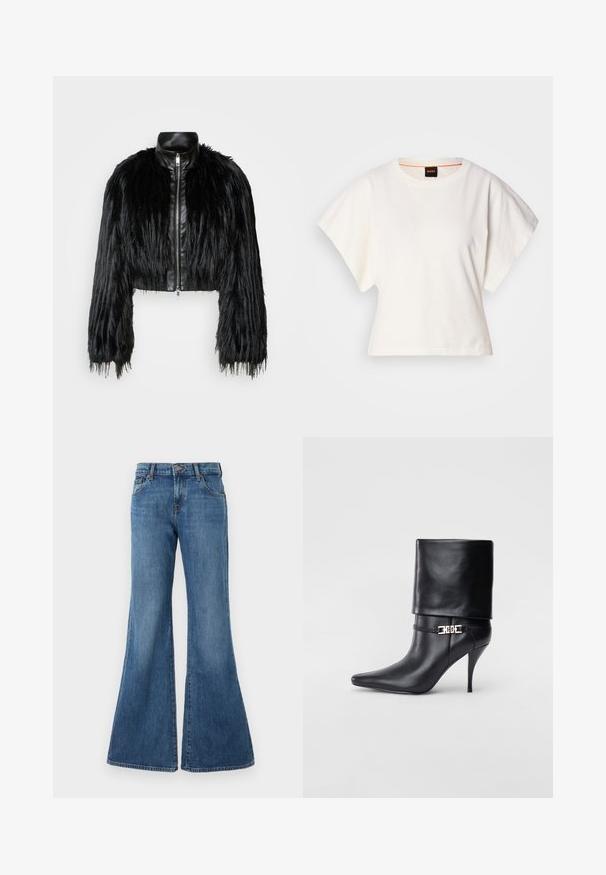 Black cropped jacket combining long faux fur sleeves with a black leather collar and front zipper, featuring a textured, shaggy finish.; White cropped T-shirt, short wide sleeves, soft cotton material, round neckline with subtle orange trim, minimal design, no patterns or graphics.; Flared denim jeans in medium blue wash with a classic five-pocket design, belt loops, and a button fly closure. Smooth texture with subtle fading.; Black leather ankle boot with a pointed toe, high stiletto heel, fold-over cuff, and a gold decorative buckle detail on the ankle.