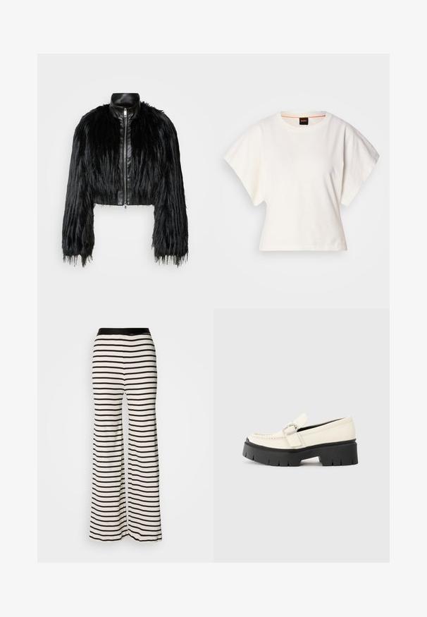 Chaqueta negra corta que combina mangas largas de piel sintética con un collar de cuero negro y cremallera frontal, con un acabado texturizado y despeinado.; Camiseta blanca recortada, con mangas cortas y anchas, material de algodón suave, cuello redondo con un sutil ribete naranja, diseño minimalista, sin patrones ni gráficos.; Pantalones anchos a rayas con una cinturilla negra. Hechos de una tela ligera que presenta rayas horizontales en blanco y negro.; Mocasines de piel blanca con suela de plataforma negra gruesa, que cuentan con una hebilla rectangular plateada y detalles de costura visibles en la parte superior.