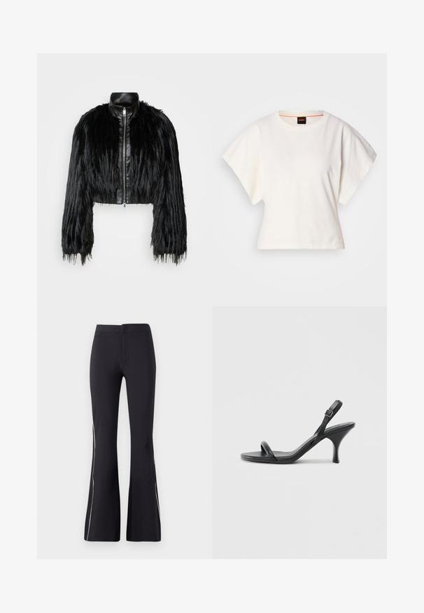 Jachetă scurtă neagră, care combină mânecile lungi din blană sintetică cu un guler din piele neagră și fermoar frontal, având o finisare texturată, zbârcită.; Tricou alb scurt, cu mâneci scurte și largi, din bumbac moale, cu decolteu rotund și un finisaj subtil portocaliu, design minimalist, fără modele sau grafice.; Pantaloni negri evazați, dintr-un material elastic. Au o textură netedă și o dantelă laterală albă contrastantă. Design simplu cu talie elastică.; Sandale cu toc înalt din piele neagră, cu un toc subțire și curbat și un design cu curea încrucișată. Curea la gleznă ajustabilă. Textură netedă.