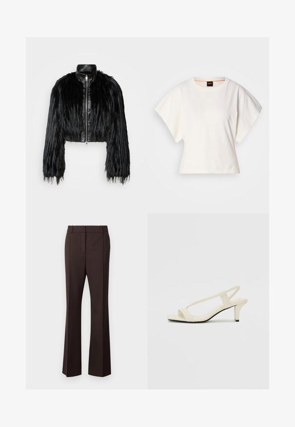 Chaqueta negra corta que combina mangas largas de piel sintética con un collar de cuero negro y cremallera frontal, con un acabado texturizado y despeinado.; Camiseta blanca recortada, con mangas cortas y anchas, material de algodón suave, cuello redondo con un sutil ribete naranja, diseño minimalista, sin patrones ni gráficos.; Samsøe Samsøe SALOT TROUSERS - Pantalones - chocolate torte; Sandalias de tacón cuadrado en color beige con tiras delgadas y punta cuadrada. Material suave con un diseño minimalista, diseñado para facilitar su uso.