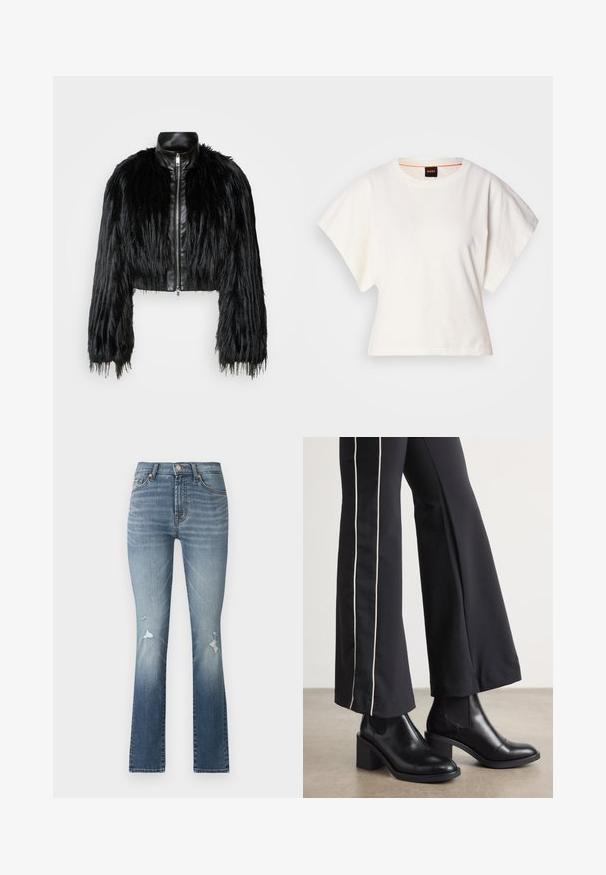 Jachetă scurtă neagră, care combină mânecile lungi din blană sintetică cu un guler din piele neagră și fermoar frontal, având o finisare texturată, zbârcită.; Tricou alb scurt, cu mâneci scurte și largi, din bumbac moale, cu decolteu rotund și un finisaj subtil portocaliu, design minimalist, fără modele sau grafice.; Jeans din denim albastru deschis, cu tururi evazate și talie înaltă, având două buzunare frontale și detalii deteriorate pe coapse.; Bocanci de piele negri până la gleznă, cu toc pătrat, având panouri elastice pe laterale. Asortați cu pantaloni negri care au o dungi albă pe lateral.