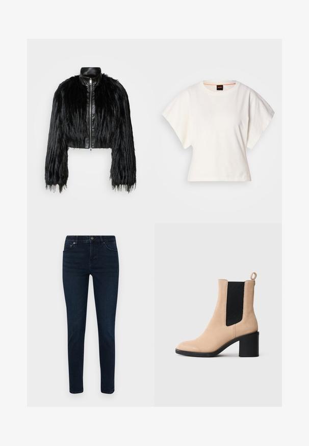 Jacket cropped preta que combina mangas longas de pelo sintético com um colarinho de pele sintética preto e fecho de correr frontal, apresentando um acabamento texturizado e desgrenhado.; T-shirt branco cropped, mangas curtas e largas, material de algodão suave, decote redondo com um discreto acabamento laranja, design minimalista, sem padrões ou gráficos.; Jeans de ganga de lavagem escura com um corte slim, apresentando um design de cinco bolsos, fecho de botão e detalhes de costura discretos. Textura suave por toda a parte.; Bota de tornozelo em camurça bege com salto bloco, apresentando um gomo elástico preto e uma alça na parte de trás. Textura lisa e design de bico arredondado.