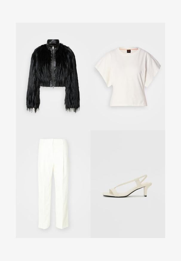 Juodas trumpas švarkas, derinantis ilgas dirbtinio kailio rankoves su juodu odiniu apykakle ir priekiniais užtrauktukais, turintis tekstūruotą, purų paviršių.; Baltas trumpas marškinėliai, plačios trumpomis rankovėmis, minkšta medvilnė, apvali kaklo iškirptė su subtiliu oranžiniu apvadu, minimalus dizainas, be raštų ar grafikų.; Balti pritaikyti kelnių, su tiesiu sijonu, tekstūruotu audiniu, priekinėmis klostėmis ir plokščiu juosmeniu su diržo kilpomis.; Kreminės blokų kulno šlepetės su plonomis dirželiais ir kvadratiniu pirštu. Lygus medžiaga su minimaliais akcentais, sukurtos lengvam dėvėjimui.