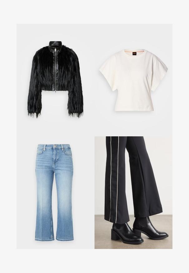 Juodas trumpas švarkas, derinantis ilgas dirbtinio kailio rankoves su juodu odiniu apykakle ir priekiniais užtrauktukais, turintis tekstūruotą, purų paviršių.; Baltas trumpas marškinėliai, plačios trumpomis rankovėmis, minkšta medvilnė, apvali kaklo iškirptė su subtiliu oranžiniu apvadu, minimalus dizainas, be raštų ar grafikų.; Šviesiai mėlyni džinsai su aukštu liemeniu, plačiais išplėstais džinsais, oksiduota dizainu ir siuvinėtais akcentais ant kišenių bei apvado.; Juodi odiniai auliniai batai su plataus bloko kulnu, turintys elastines šonines dalis. Sukomplektuoti su juodomis kelnėmis, turinčiomis baltą šoninės juostą.