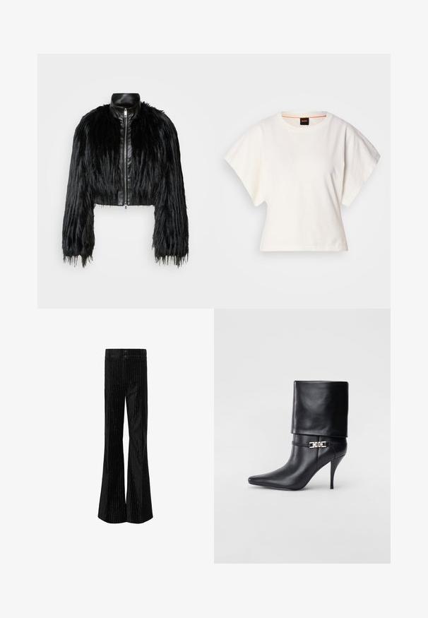 Zwart kort jasje met lange faux fur mouwen en een zwarte leren kraag en ritssluiting aan de voorkant, met een gestructureerde, harige afwerking.; Witte gecropte T-shirt, korte brede mouwen, zachte katoenmaterialen, ronde halslijn met subtiele oranje rand, minimalistisch ontwerp, geen patronen of graphics.; Zwarte flarebroeken met verticale witte streepjes, gemaakt van een zachte stof met een gladde textuur. Met twee knopen in de taille.; Zwarte leren enkelboot met een spitse neus, hoge stilettohak, opgevouwen manchet en een gouden decoratieve gespdetails op de enkel.